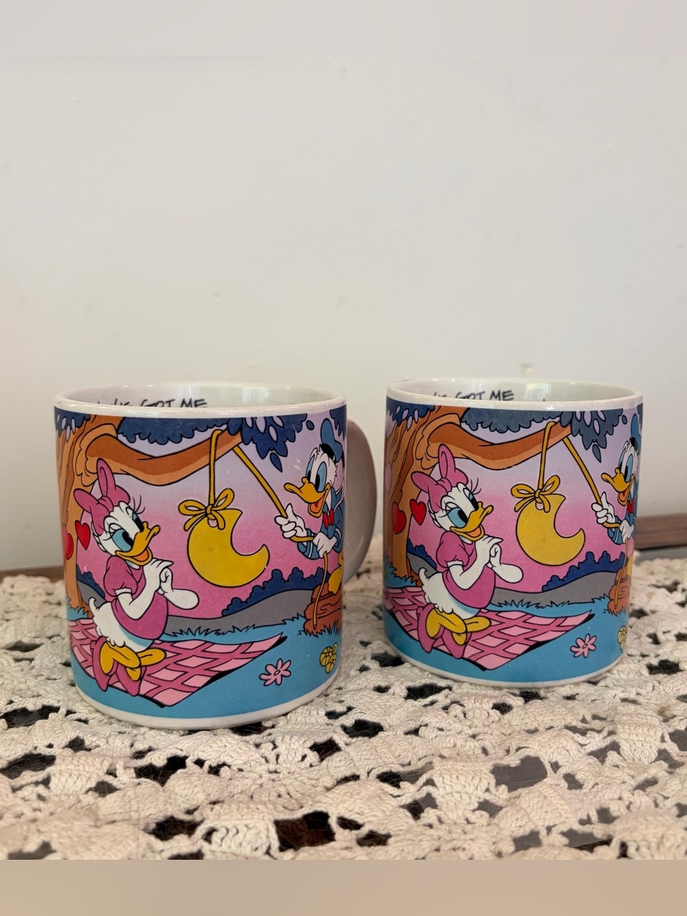 Vintage Disney ceramic mug set with Donald Duck and Daisy Duck